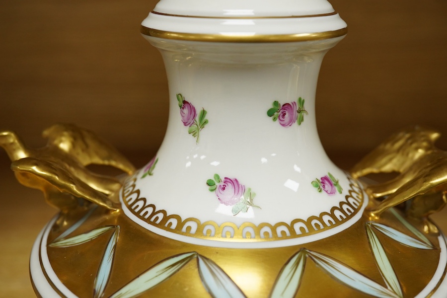 A pair of Dresden porcelain vases/urns, hand painted and gilded, numbered 11914 to the base, 24cm high. Condition - good